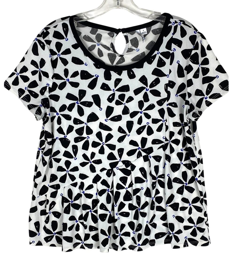 ELLE Floral Gathered Waist Blouse Top Womens M Black White Retro Office Artsy